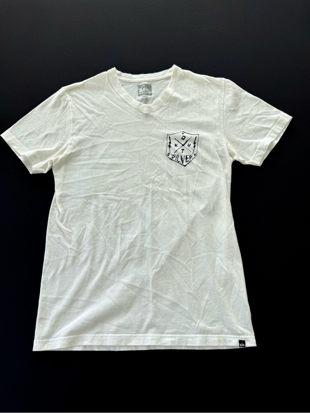 Quiksilver White V-Neck Shield Chest Logo Tee